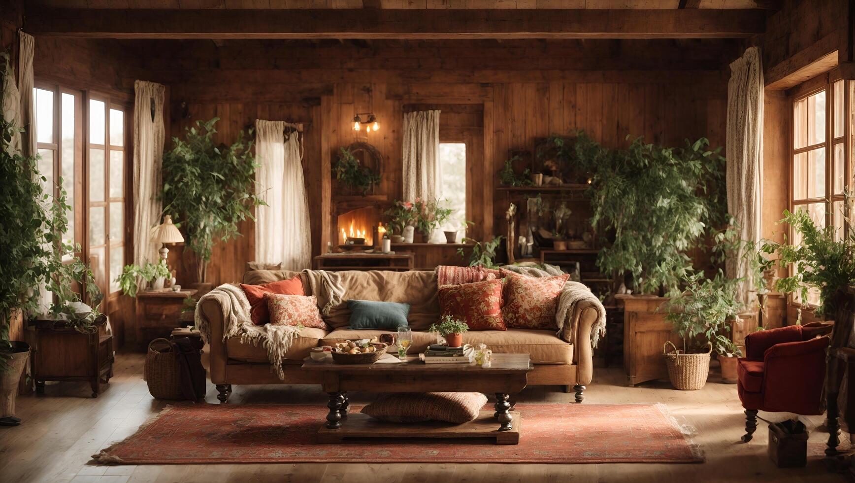 Cozy Rustic Living Room with Fireplace and Plants photo