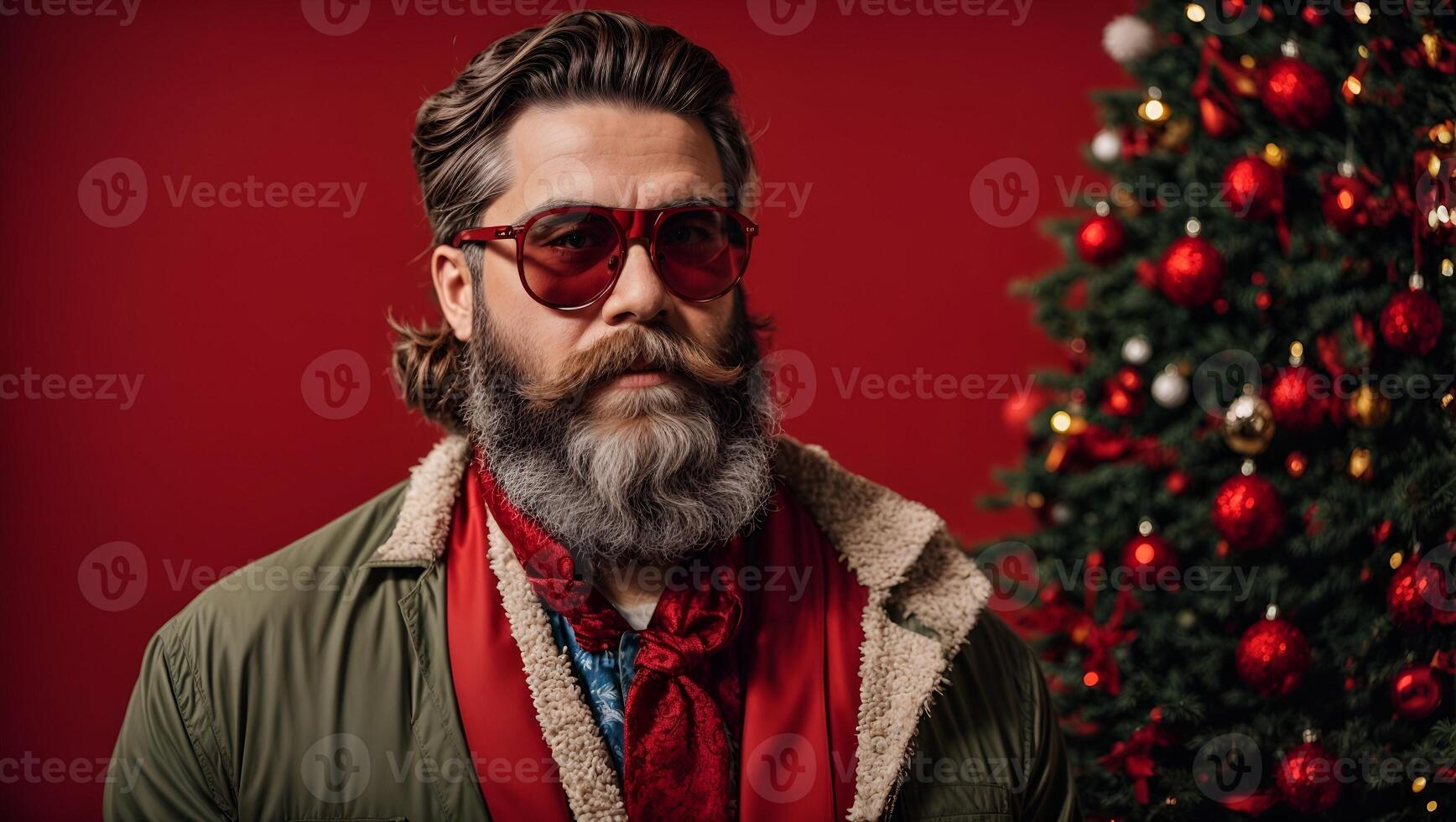 Man in Sunglasses and Scarf Standing in Front of Christmas Tree photo