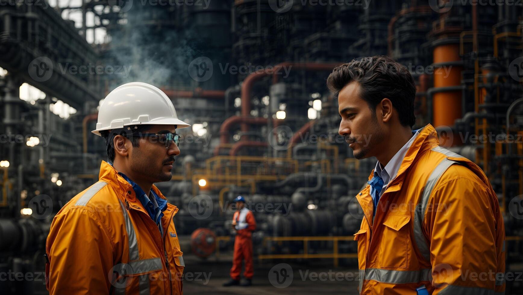 Two Industrial Workers Discussing Plans at a Refinery photo