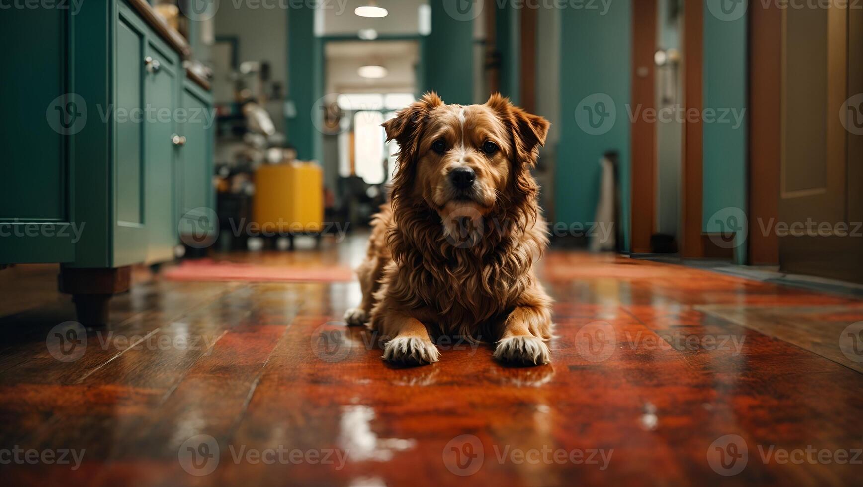 Golden Retriever Dog Relaxing on Hardwood Floor photo