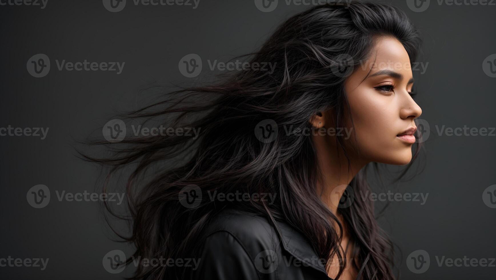 Woman with long black hair looking away photo