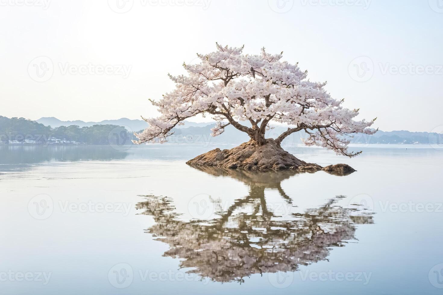 Cherry Blossom Tree on an Island in a Lake photo