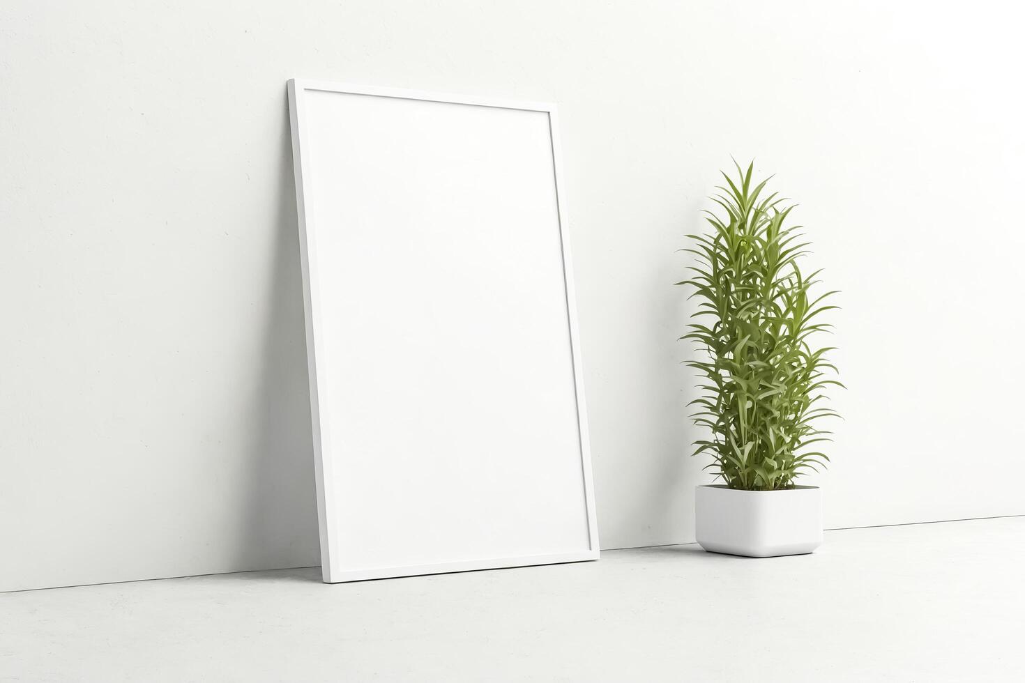 White Frame Mockup with Plant on White Background photo