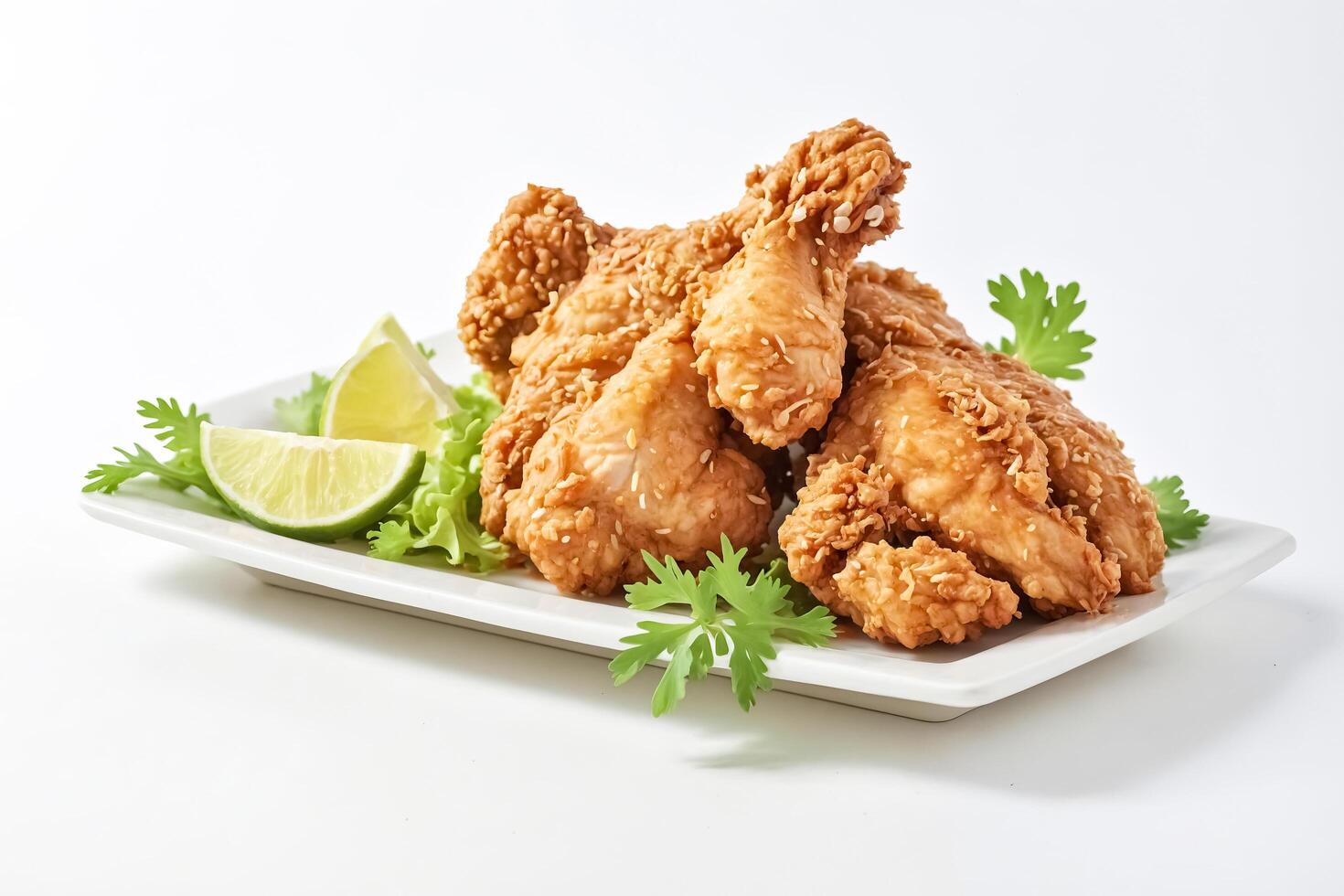 Crispy Fried Chicken with Sesame Seeds and Lime Wedges photo