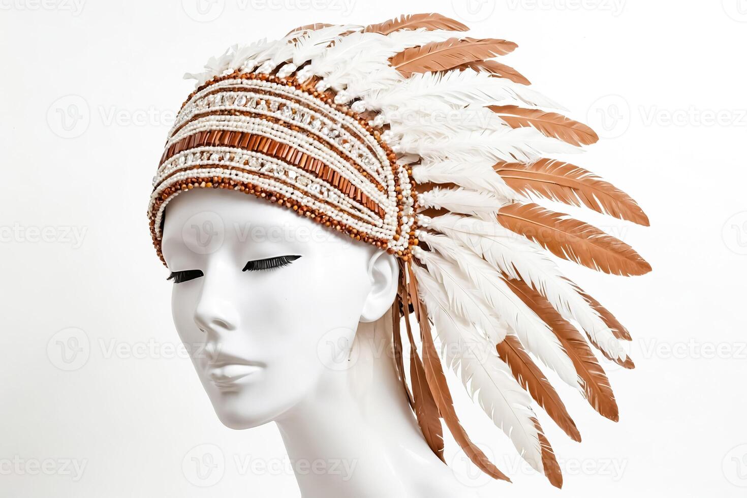 Native American Headdress with Feathers and Beads on Mannequin Head photo