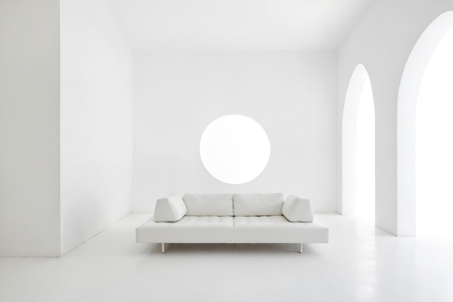 Minimalist White Sofa in Modern Room with Circular Window photo