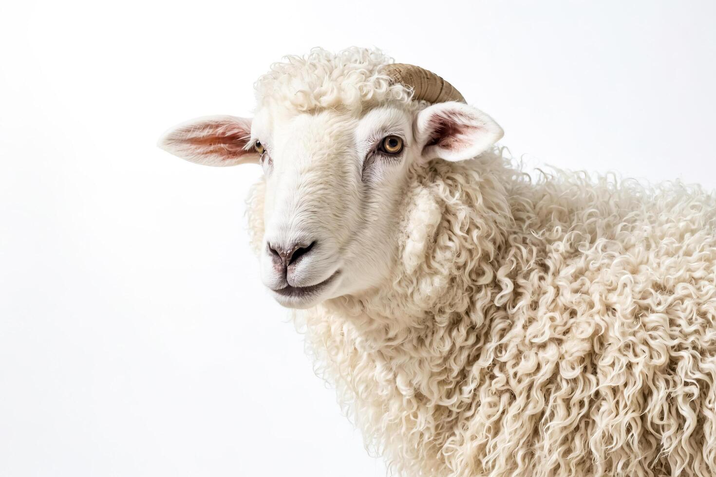 Closeup of a white sheep with curly fleece photo