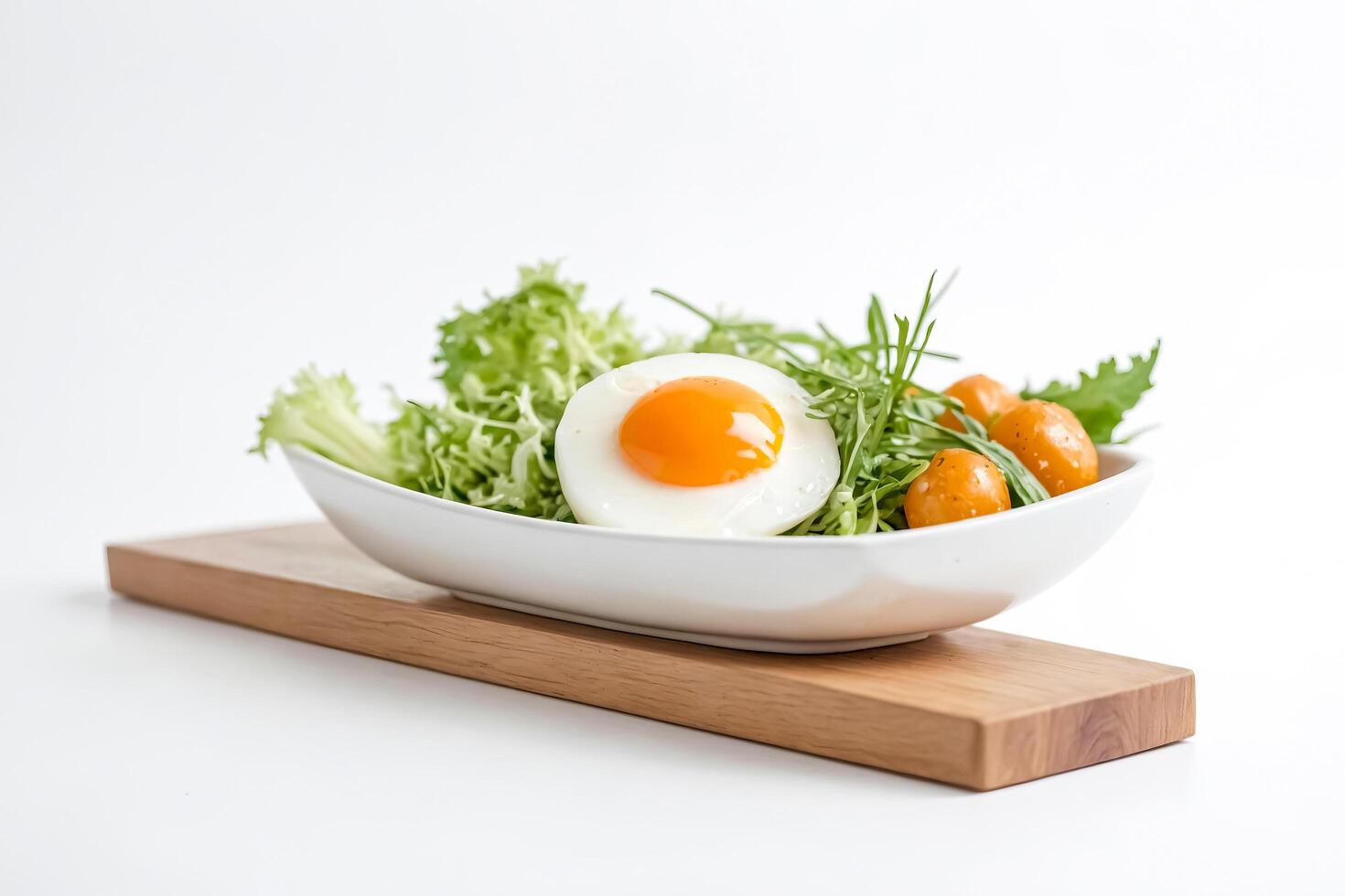 A bowl of salad with a poached egg and tomatoes photo