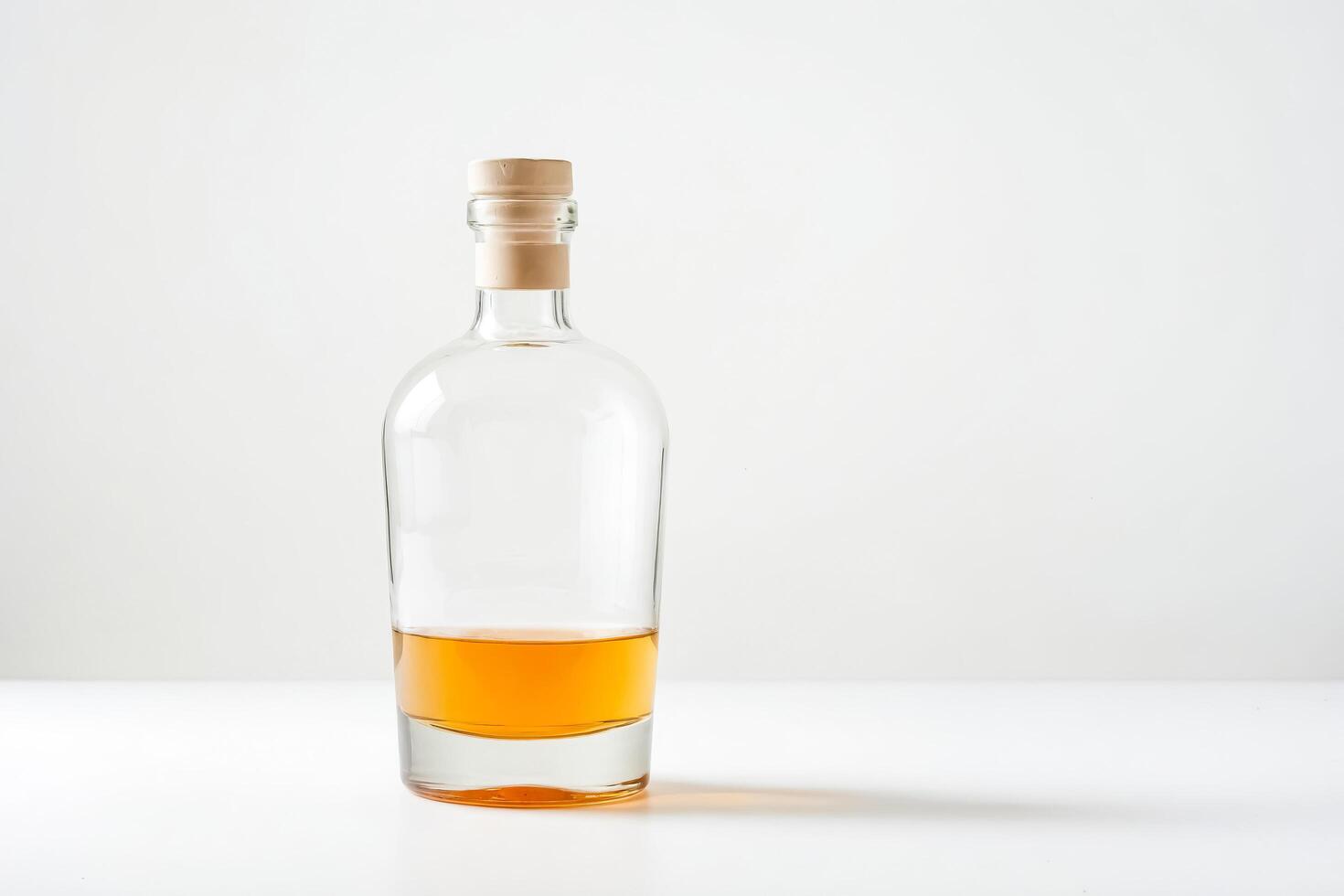 Glass bottle with a cork stopper and amber liquid photo