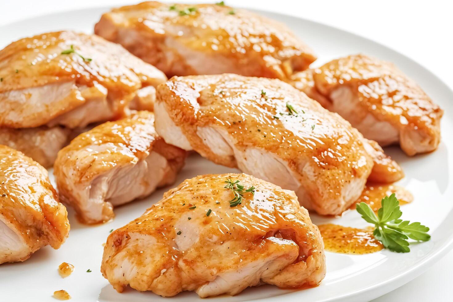 Close Up of Juicy, Glazed Chicken Breast Slices on a White Plate photo