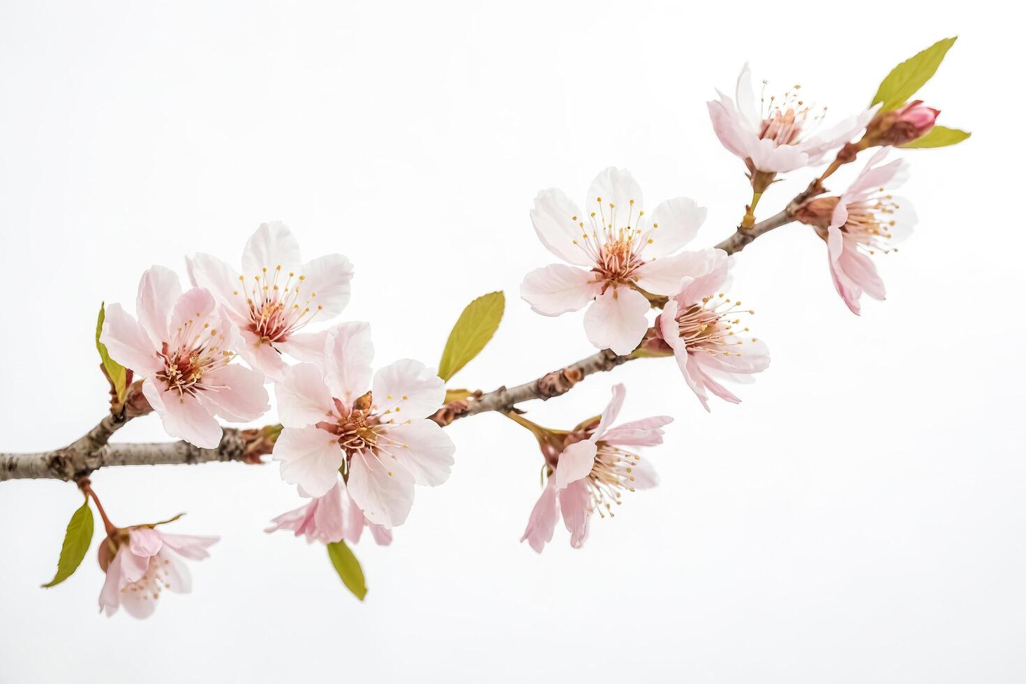Delicate Pink Cherry Blossoms on a Branch Against a White Background photo