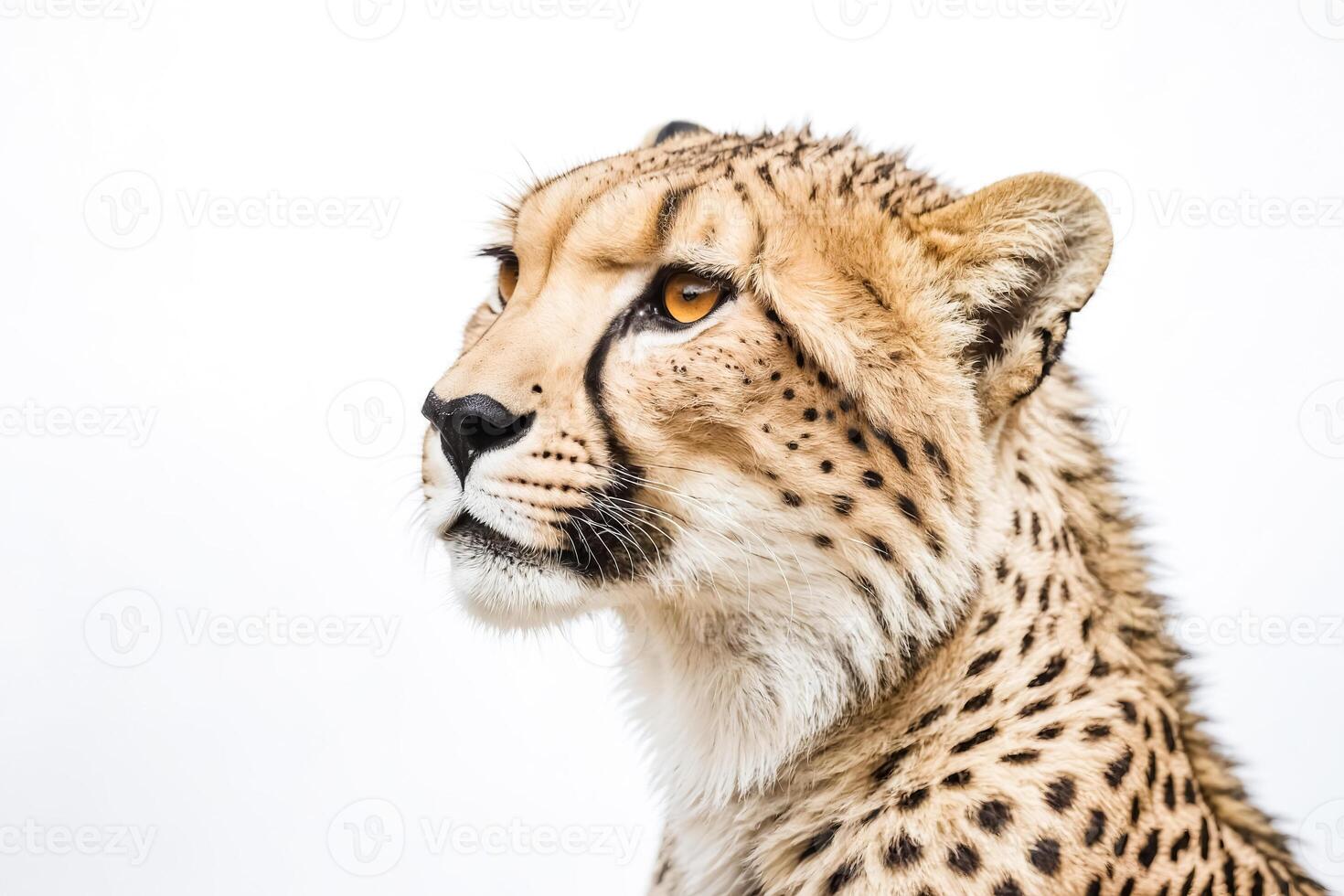 Close-up of a cheetah's face against a white background photo