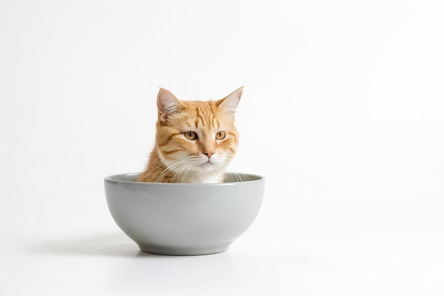 Ginger cat peeking over the edge of a bowl photo