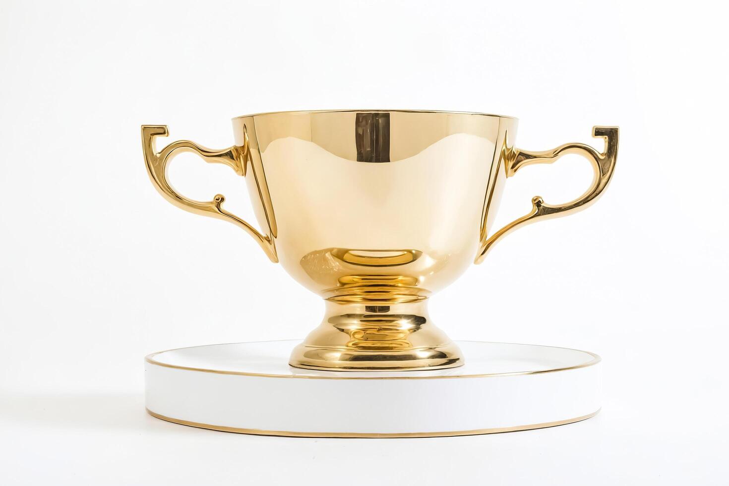 Golden trophy cup on white platform photo