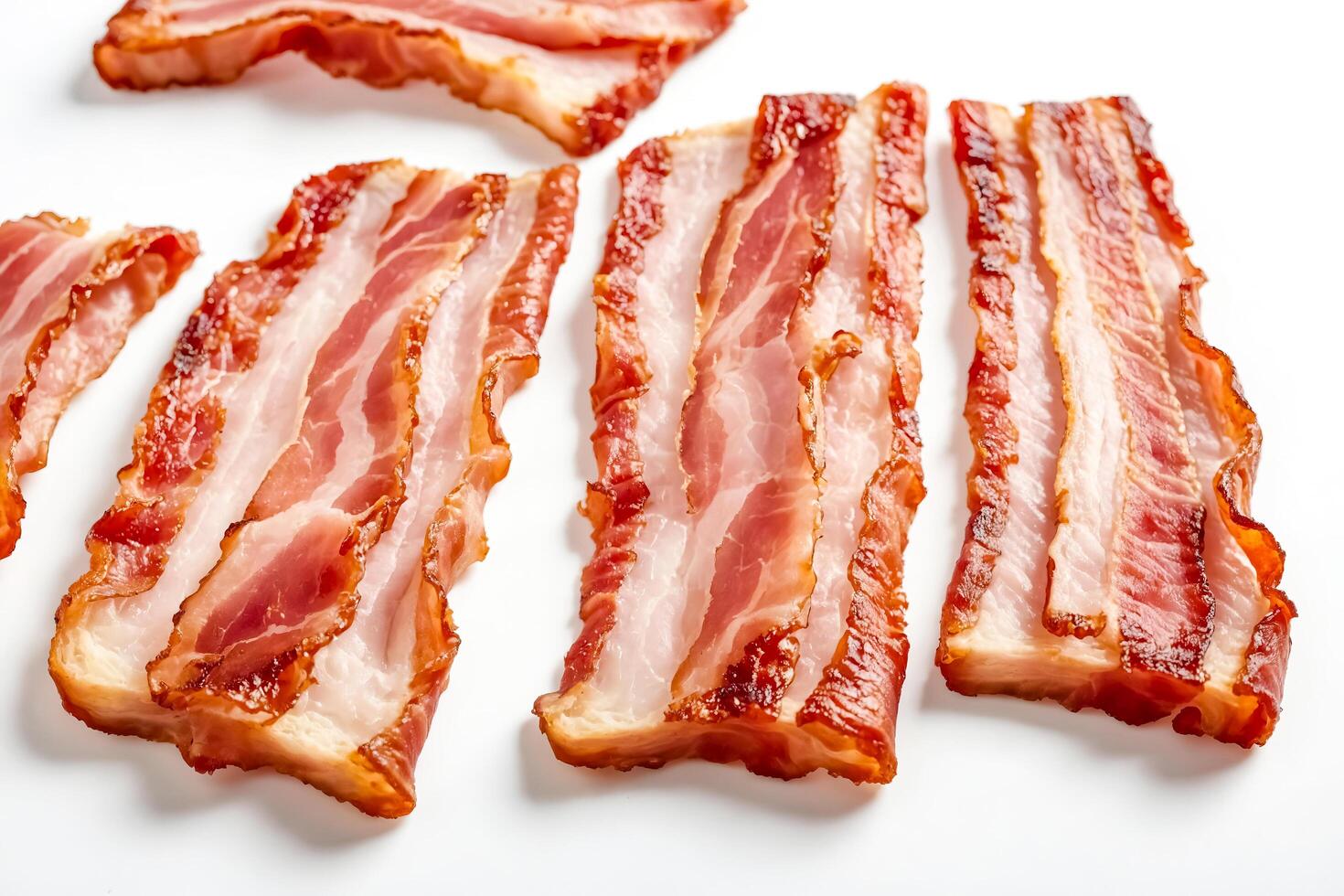 Closeup of Crispy Cooked Bacon Strips on White Background photo