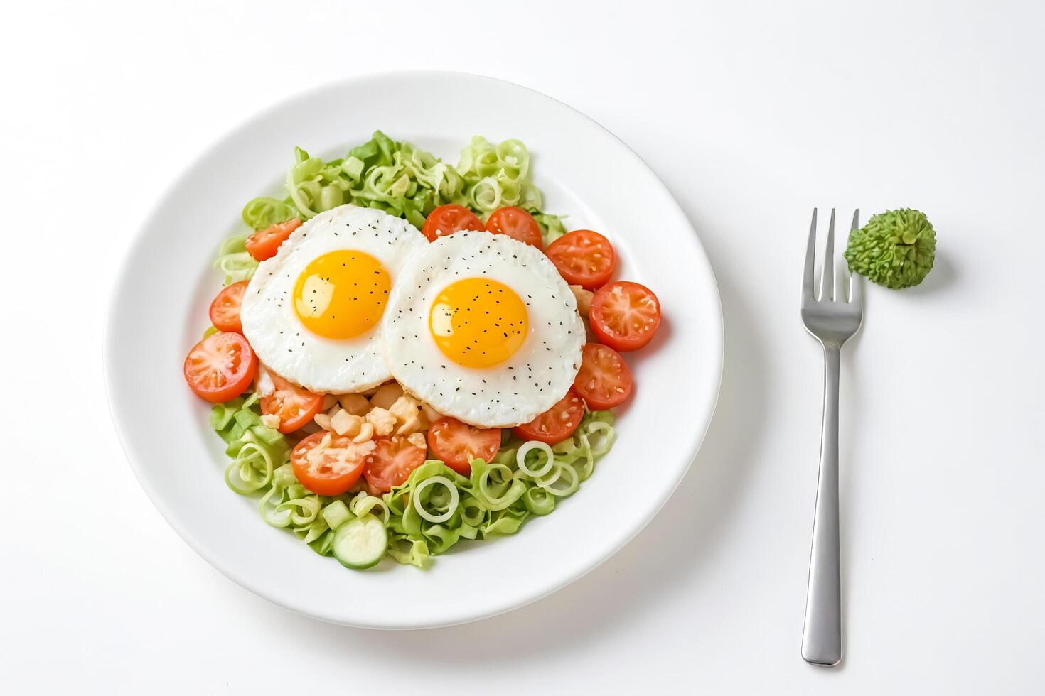Fried eggs with tomatoes and leeks on a white plate photo