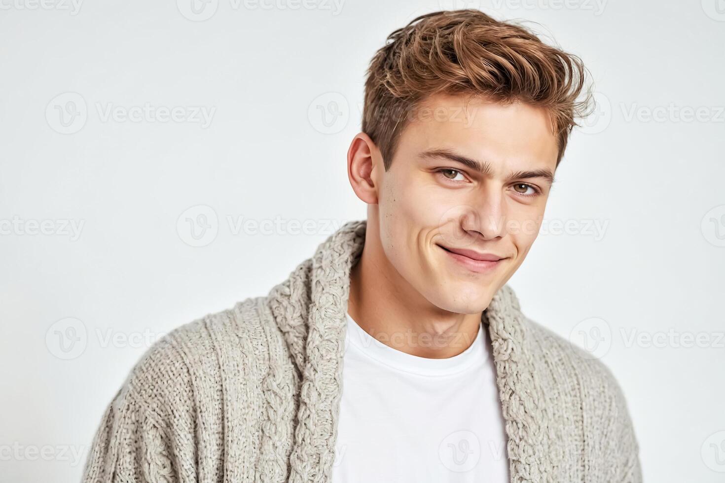 Handsome young man in a knitted cardigan, smiling photo