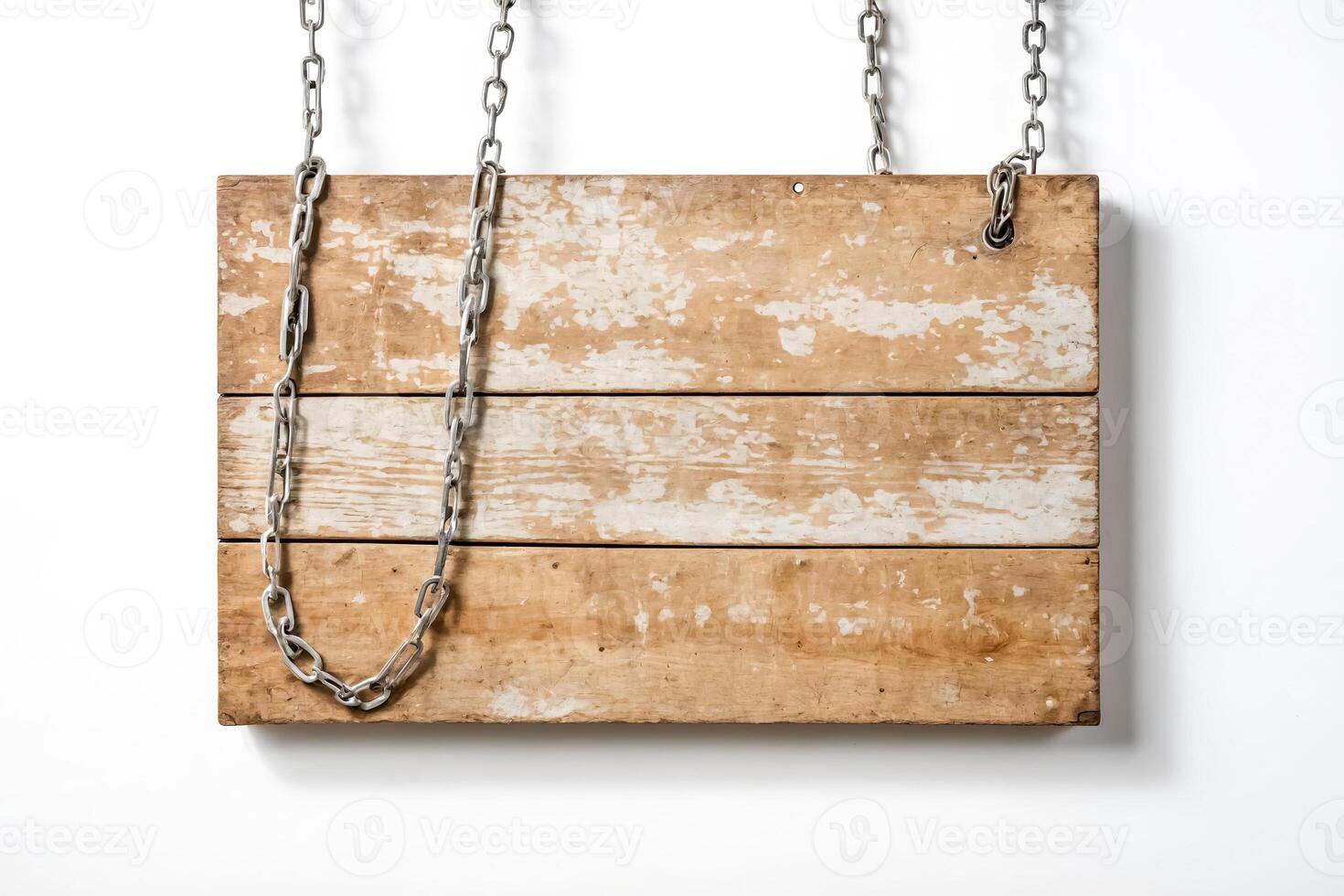 Wooden Sign Hanging with Chains on White Background photo