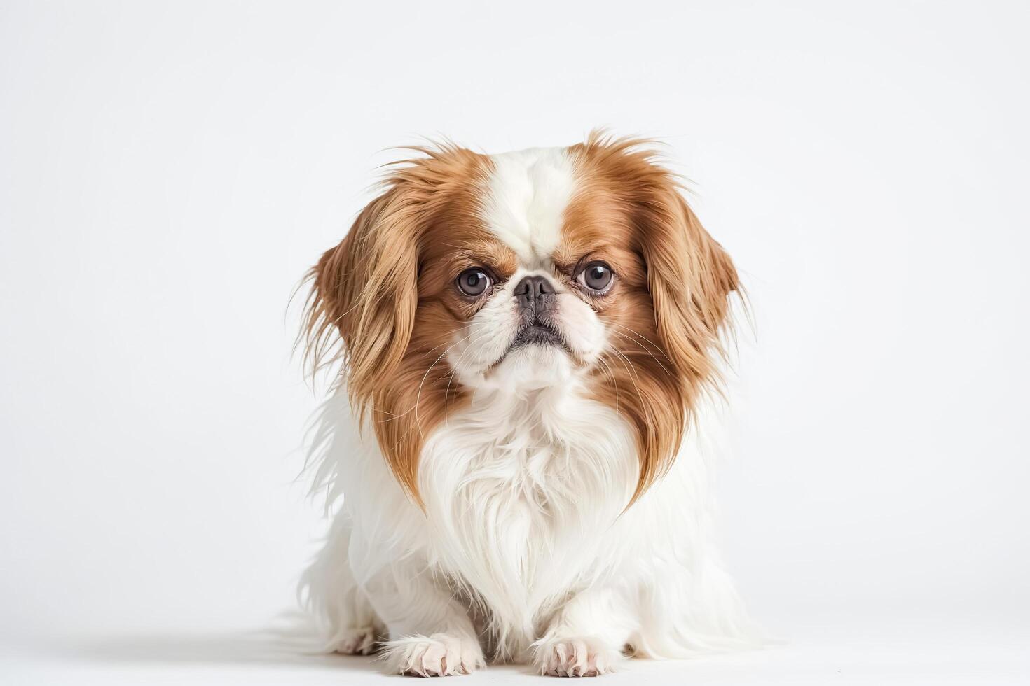 Adorable Small Dog Sitting Against White Background photo