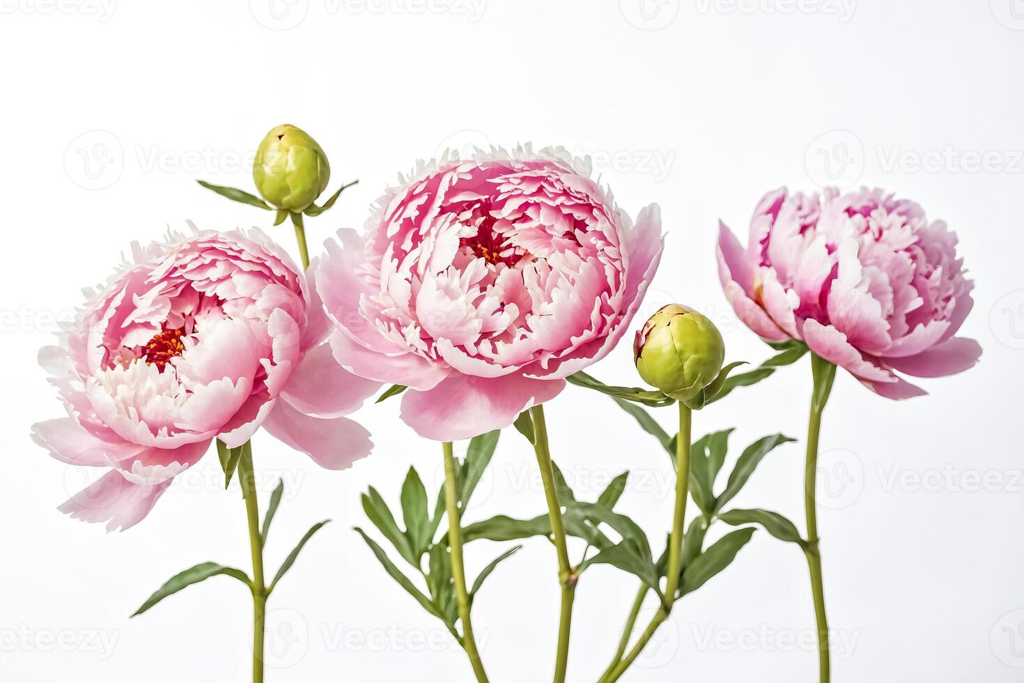 Pink Peony Flowers with Buds on White Background photo
