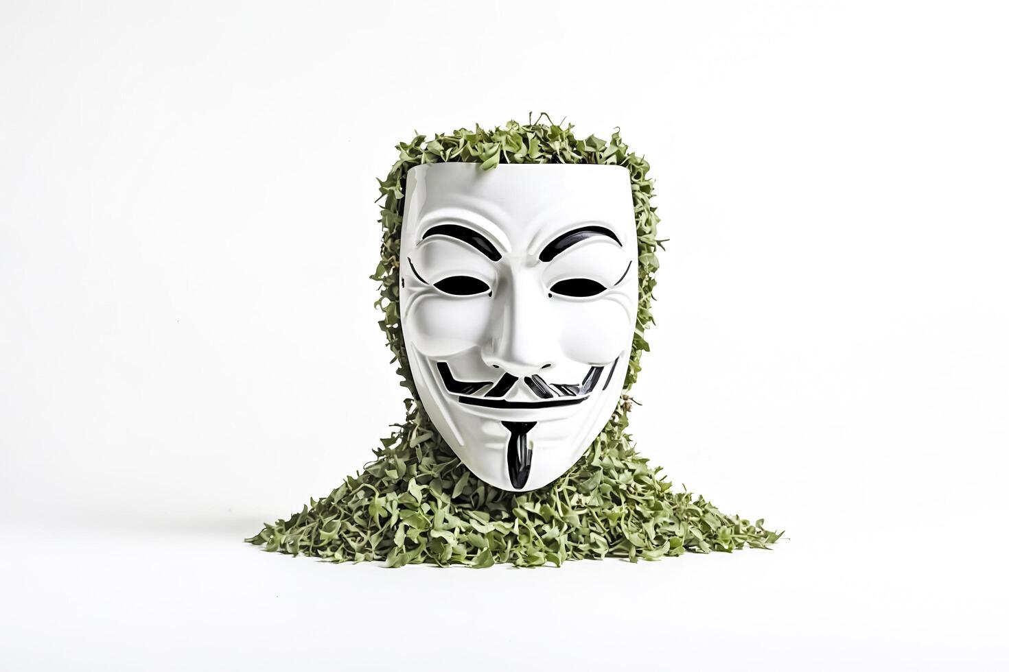Anonymous Mask in a Pile of Green Leaves photo