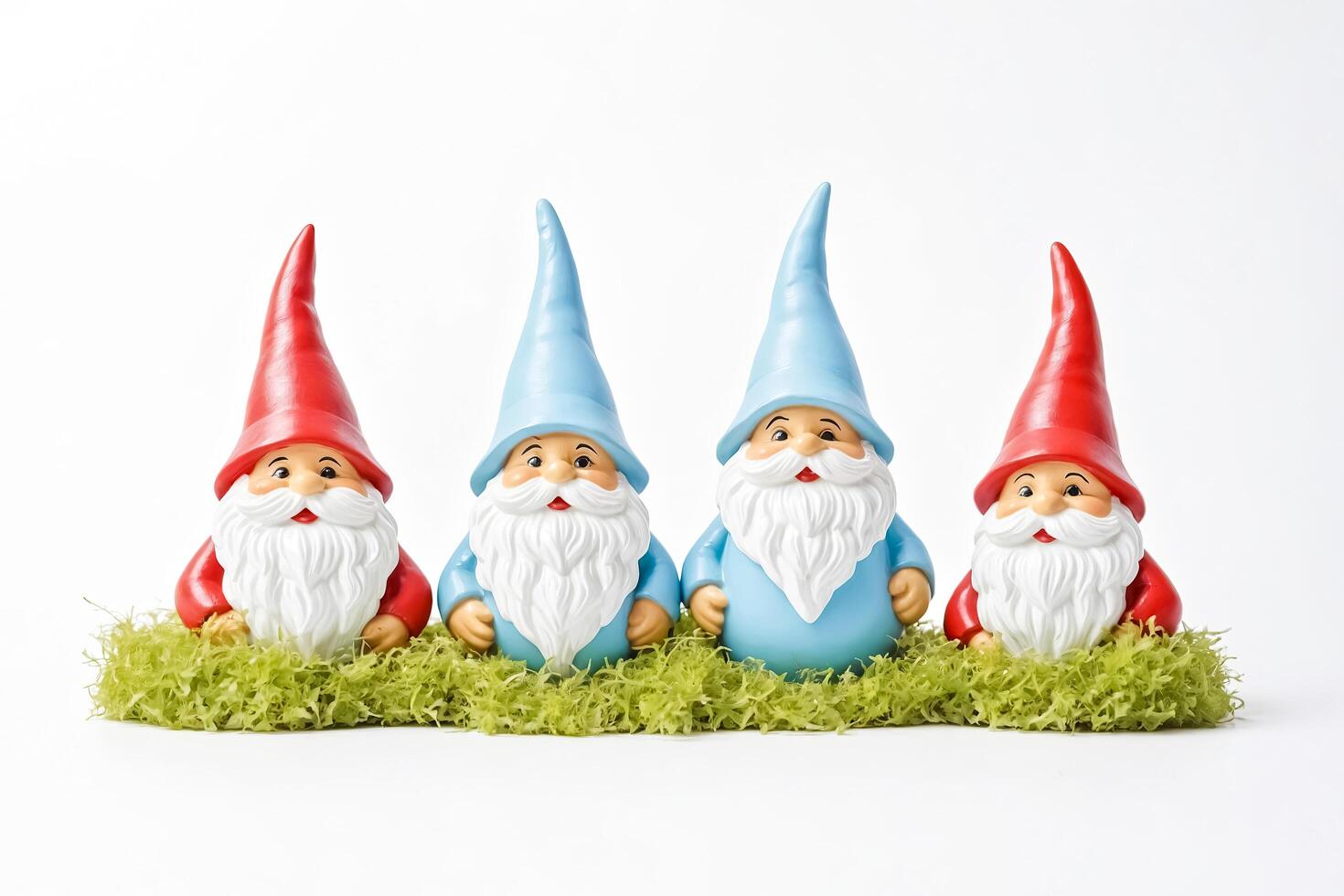 Four Garden Gnomes in a Row on Green Moss photo