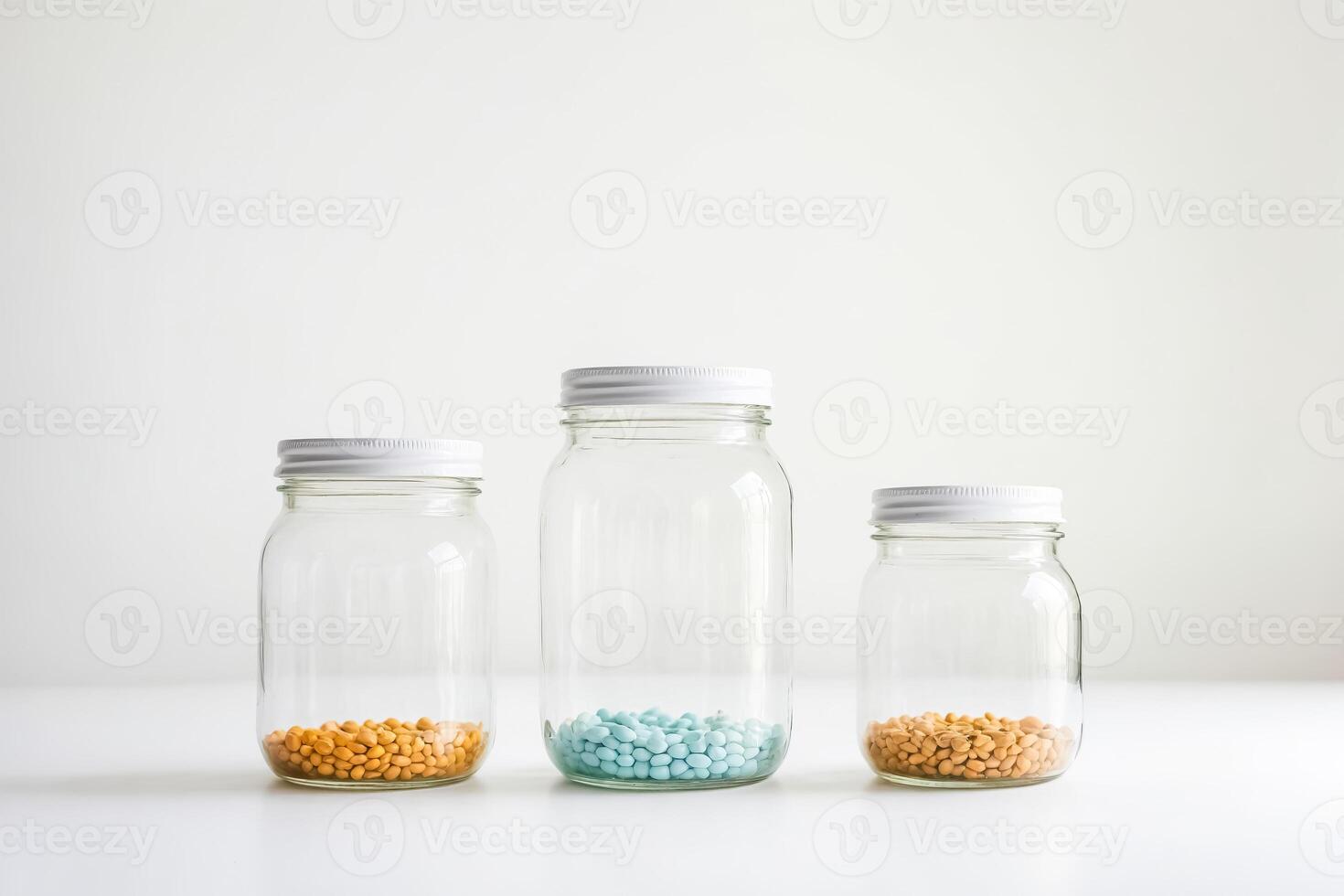 Three glass jars with different colored beans photo