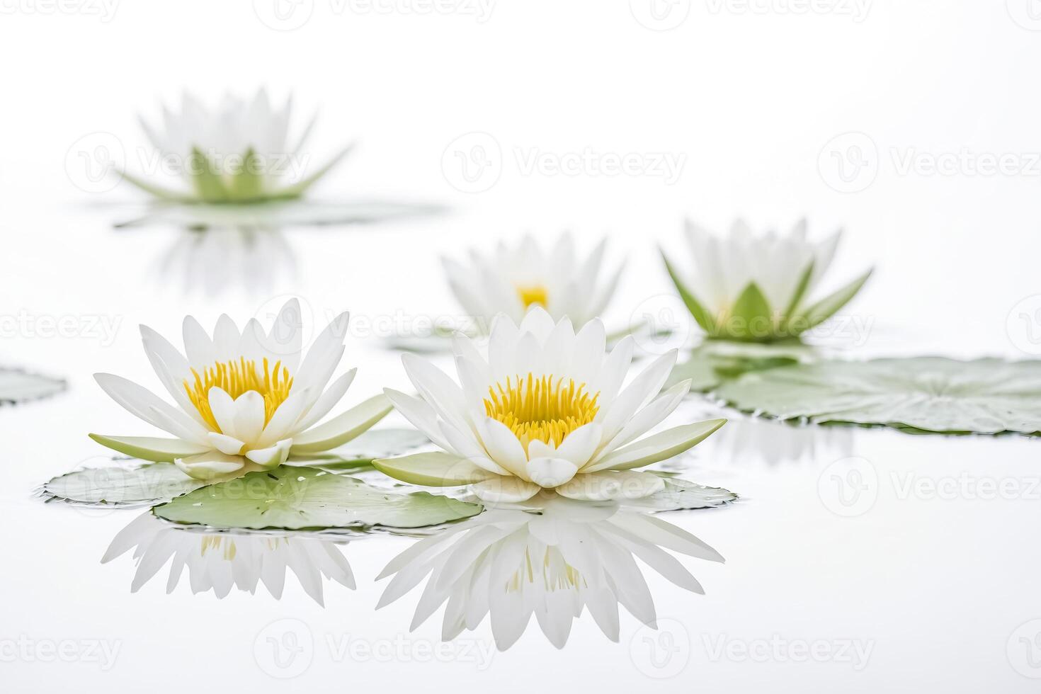 White Water Lily Flowers with Yellow Centers in a Pond photo