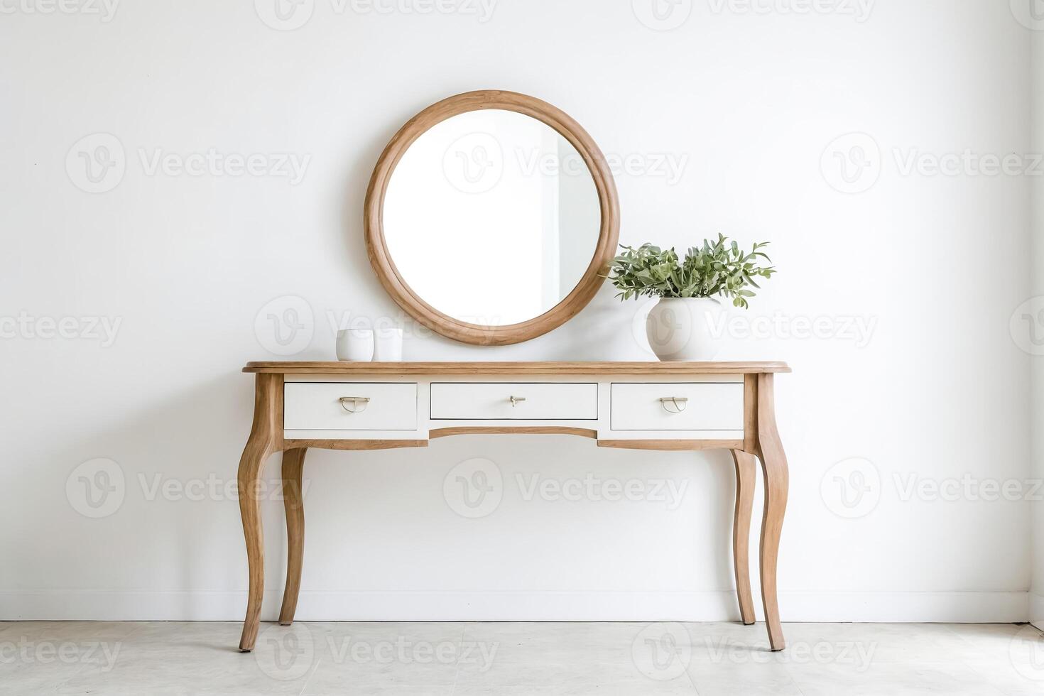 Wooden Vanity Table with Oval Mirror and White Drawers photo