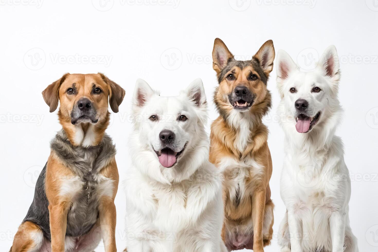 Four dogs sitting in a row, isolated on white background photo