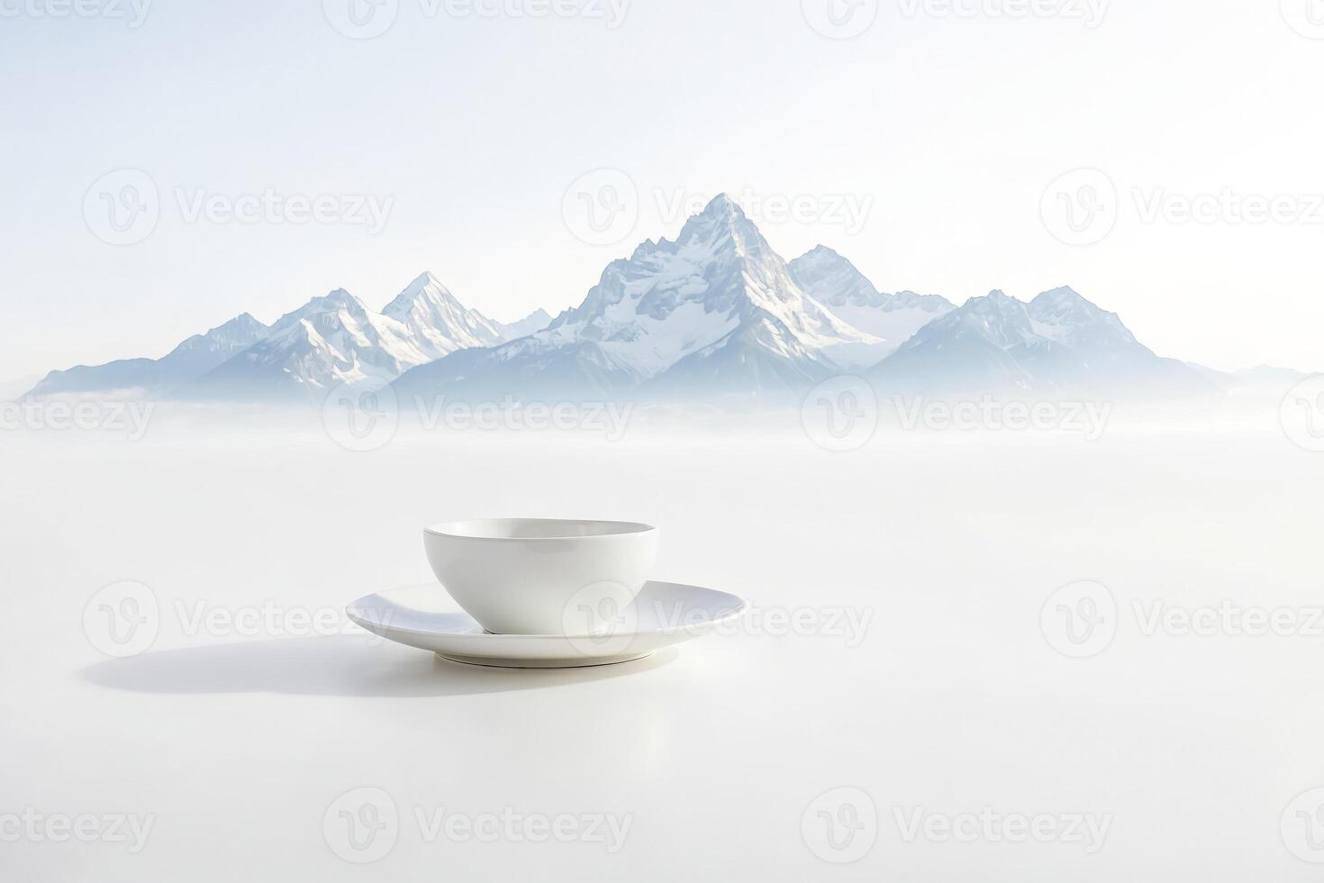 Empty Cup and Saucer in Front of Snowy Mountain Range photo