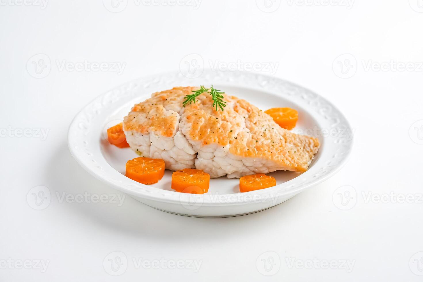 Grilled Fish with Orange Slices on White Plate photo