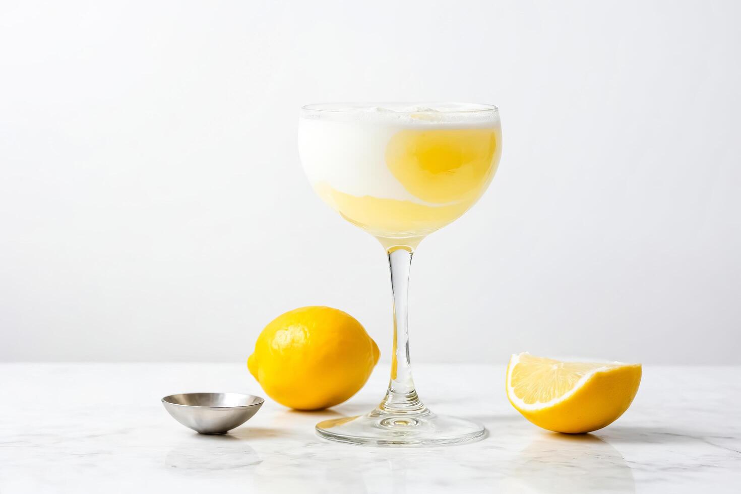 Close Up of a Lemon Sour Cocktail on a White Marble Surface photo