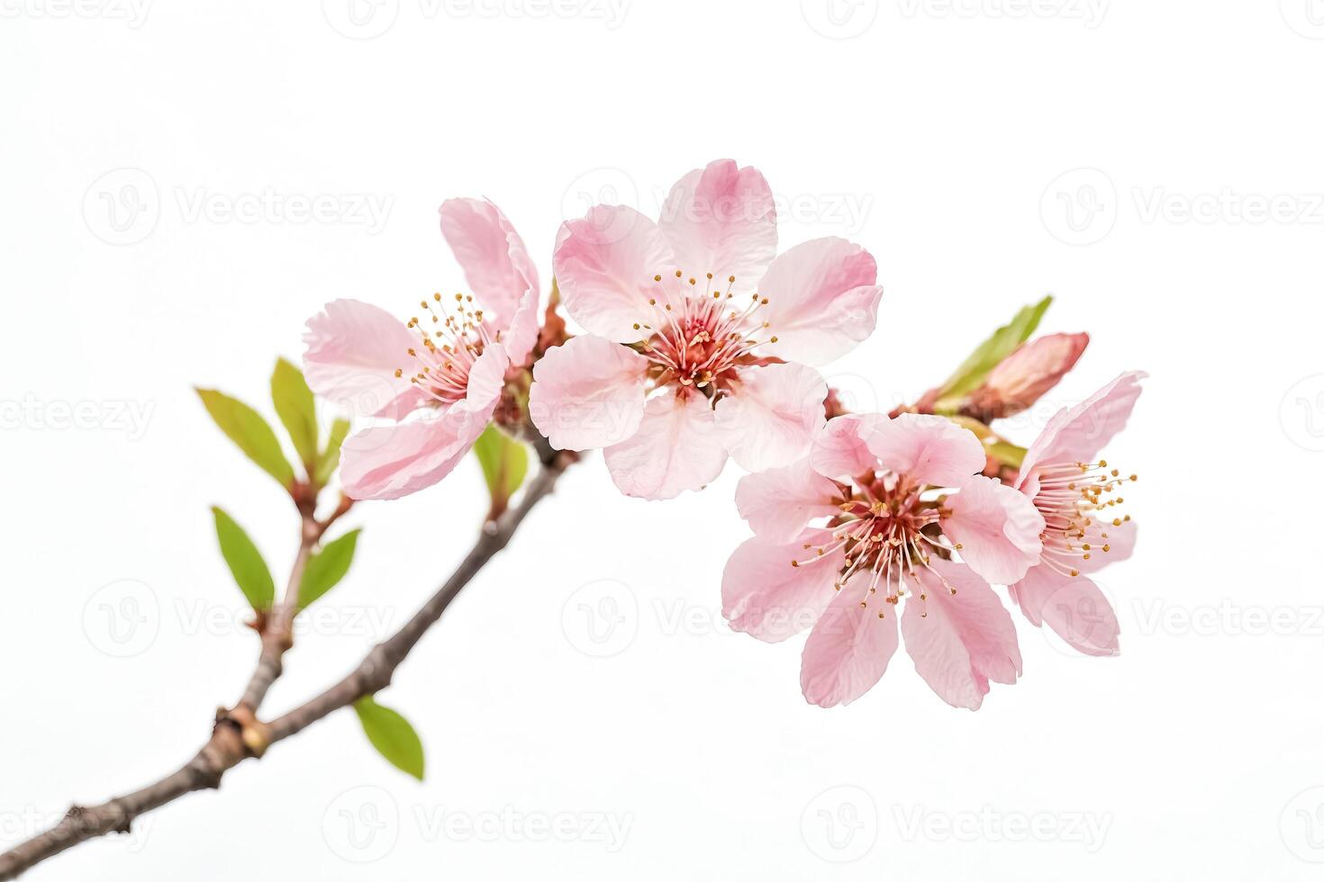 Delicate Pink Cherry Blossom Branch Against White Background photo