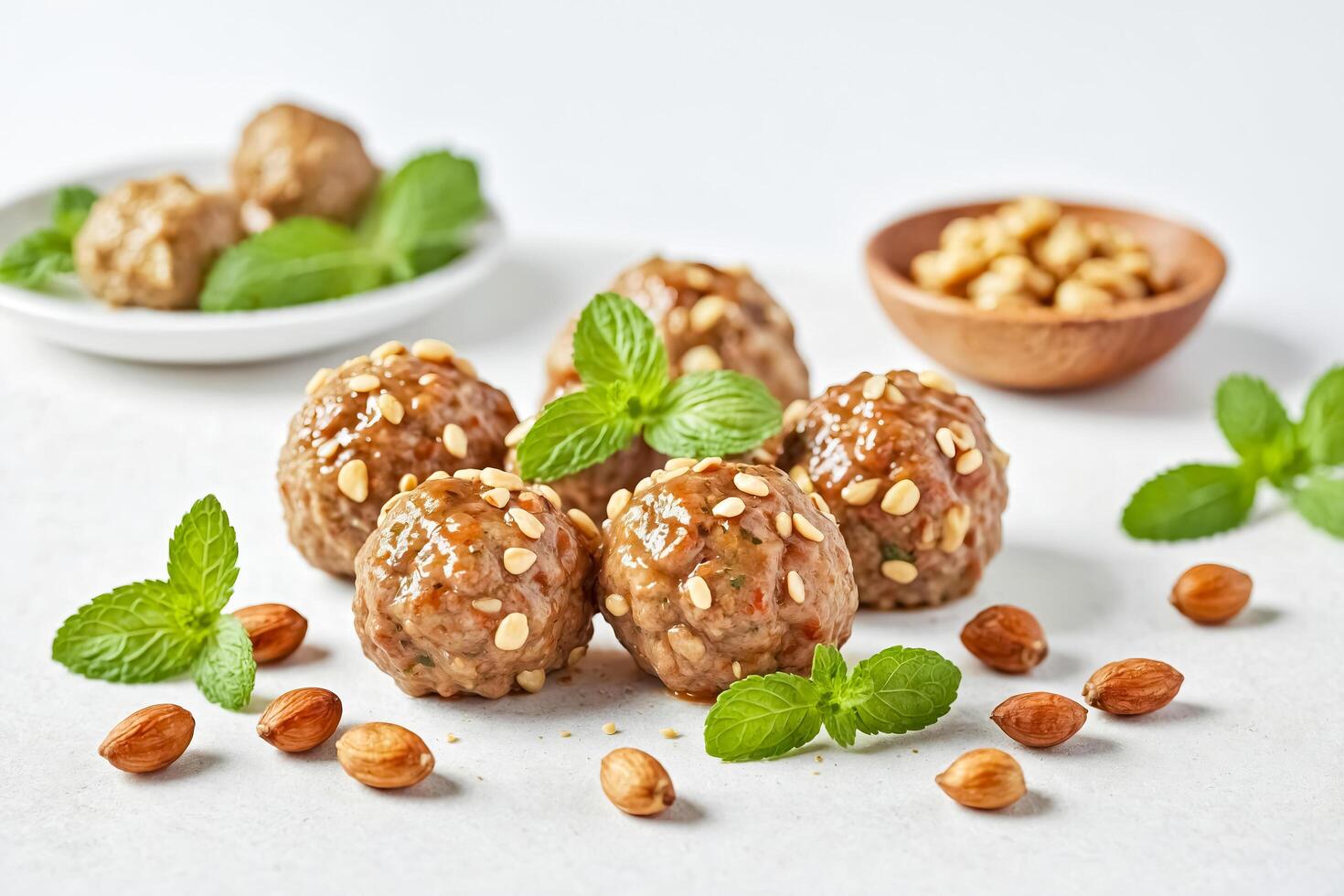 Closeup of savory meatballs with pine nuts and mint photo