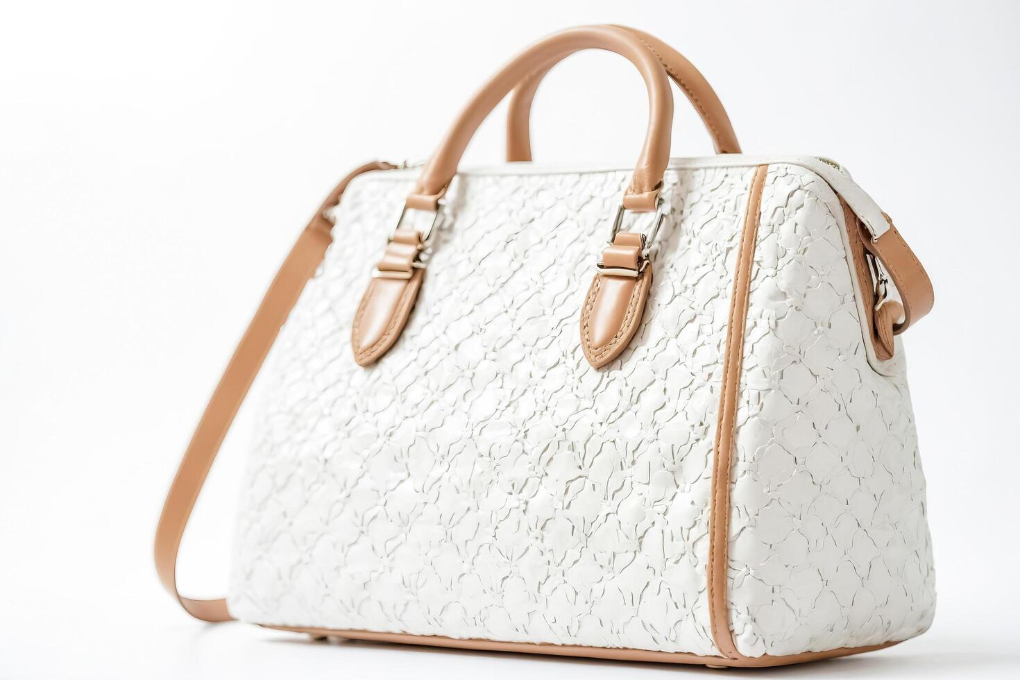 White Embossed Leather Handbag with Brown Handles photo