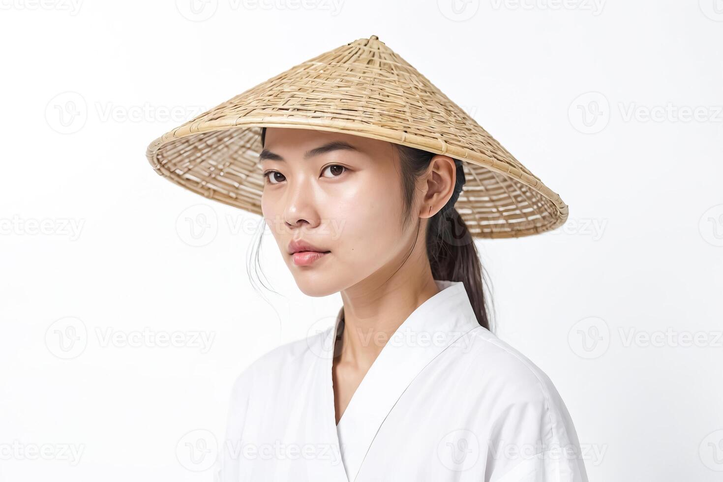 Young woman wearing a traditional Asian hat photo