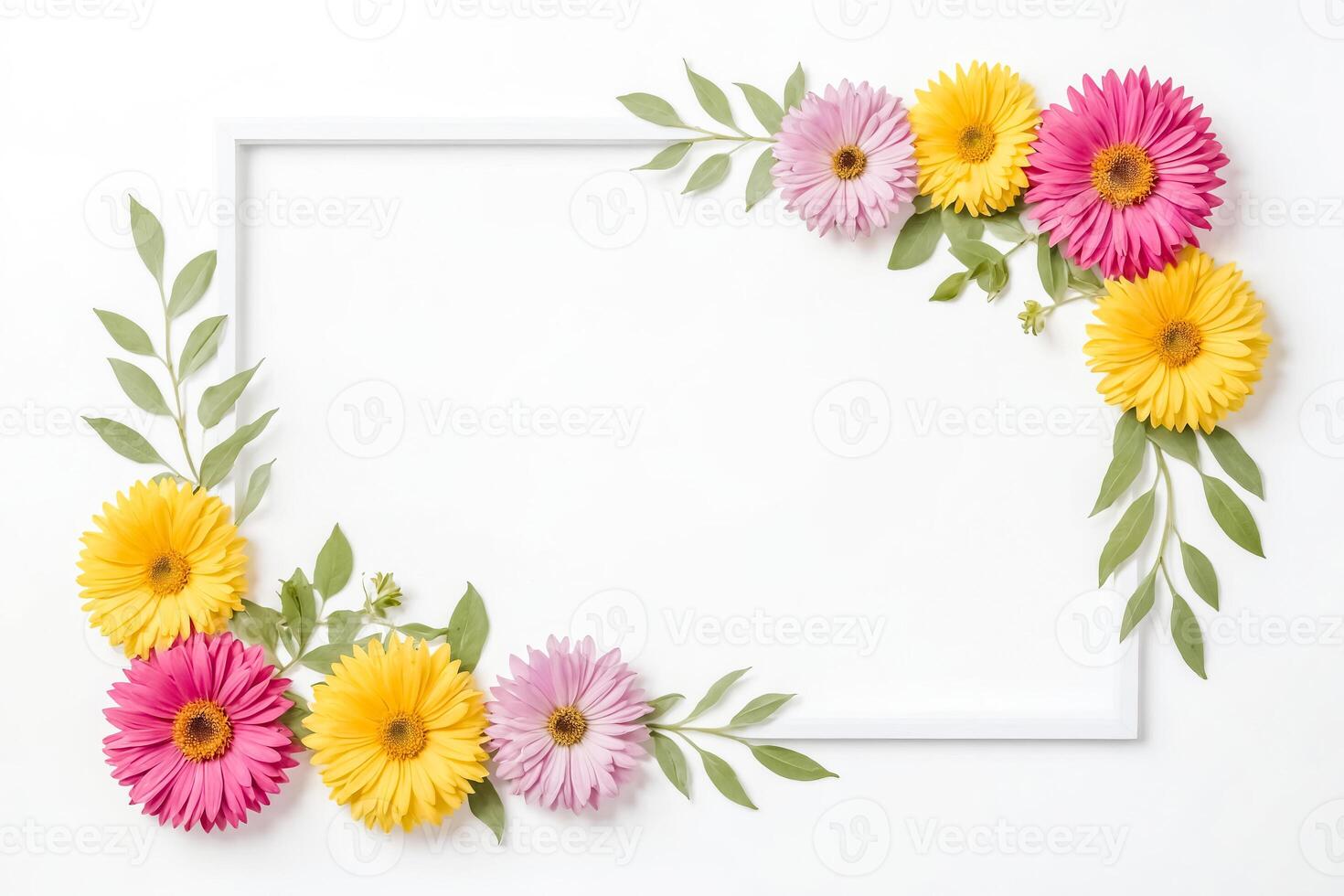 White Frame Surrounded by Colorful Flowers and Green Leaves photo