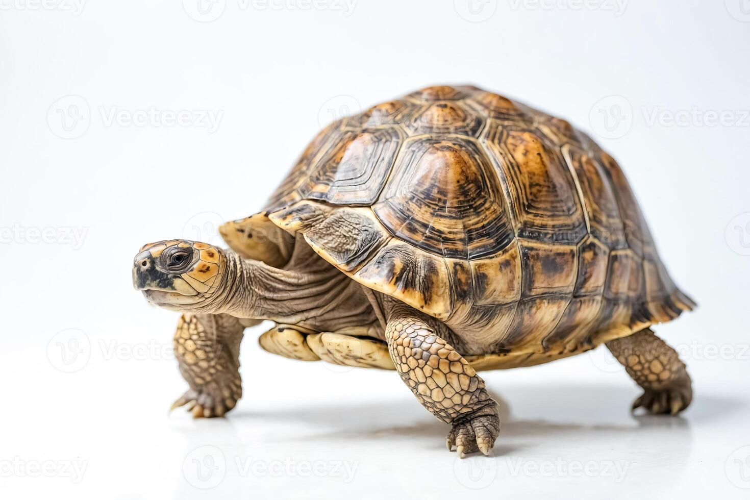 Closeup of a Tortoise Walking on a White Background photo