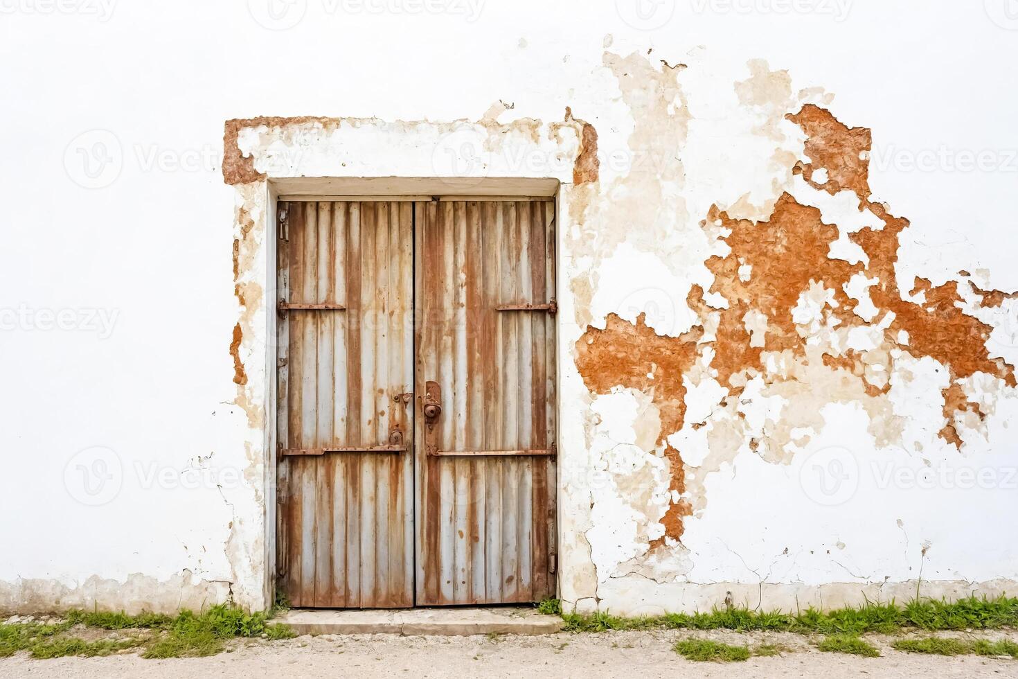 Old rusty gate on a weathered wall photo