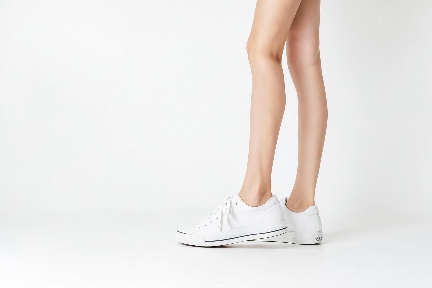 Woman's Feet in White Sneakers on a White Background photo