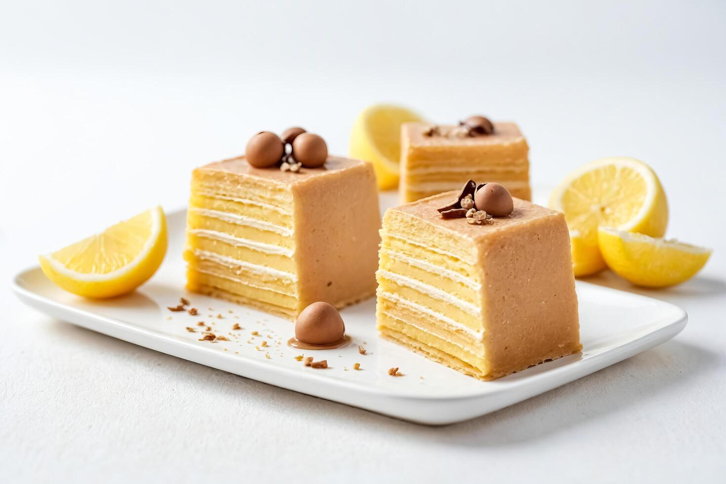 Delicious layered cake with lemon slices photo