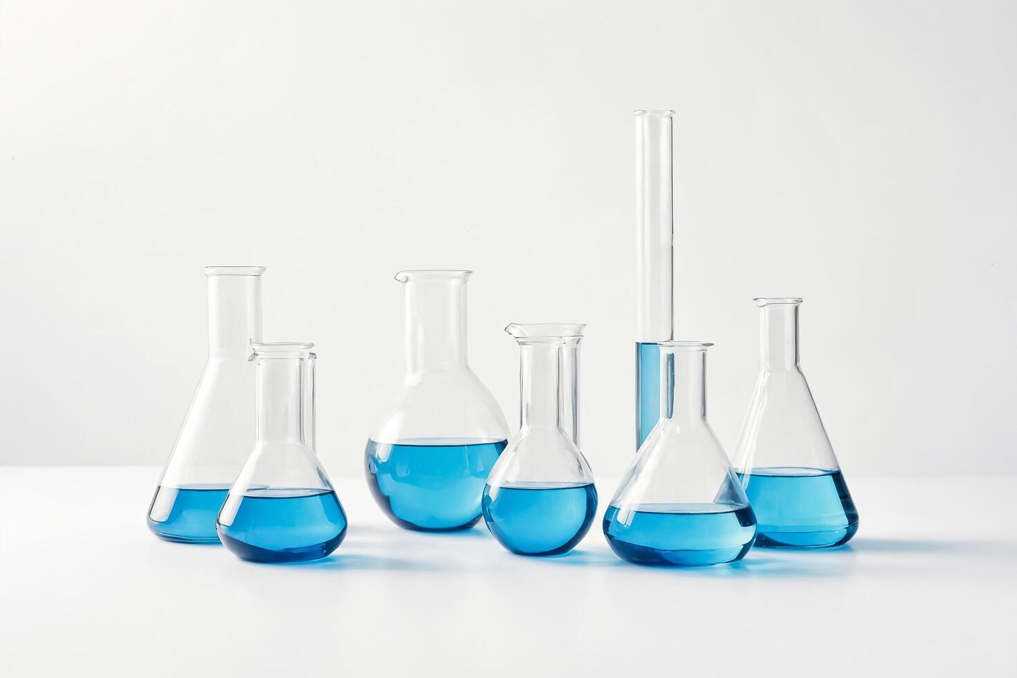 Blue Liquid in Glass Flasks and Test Tubes on White Background photo