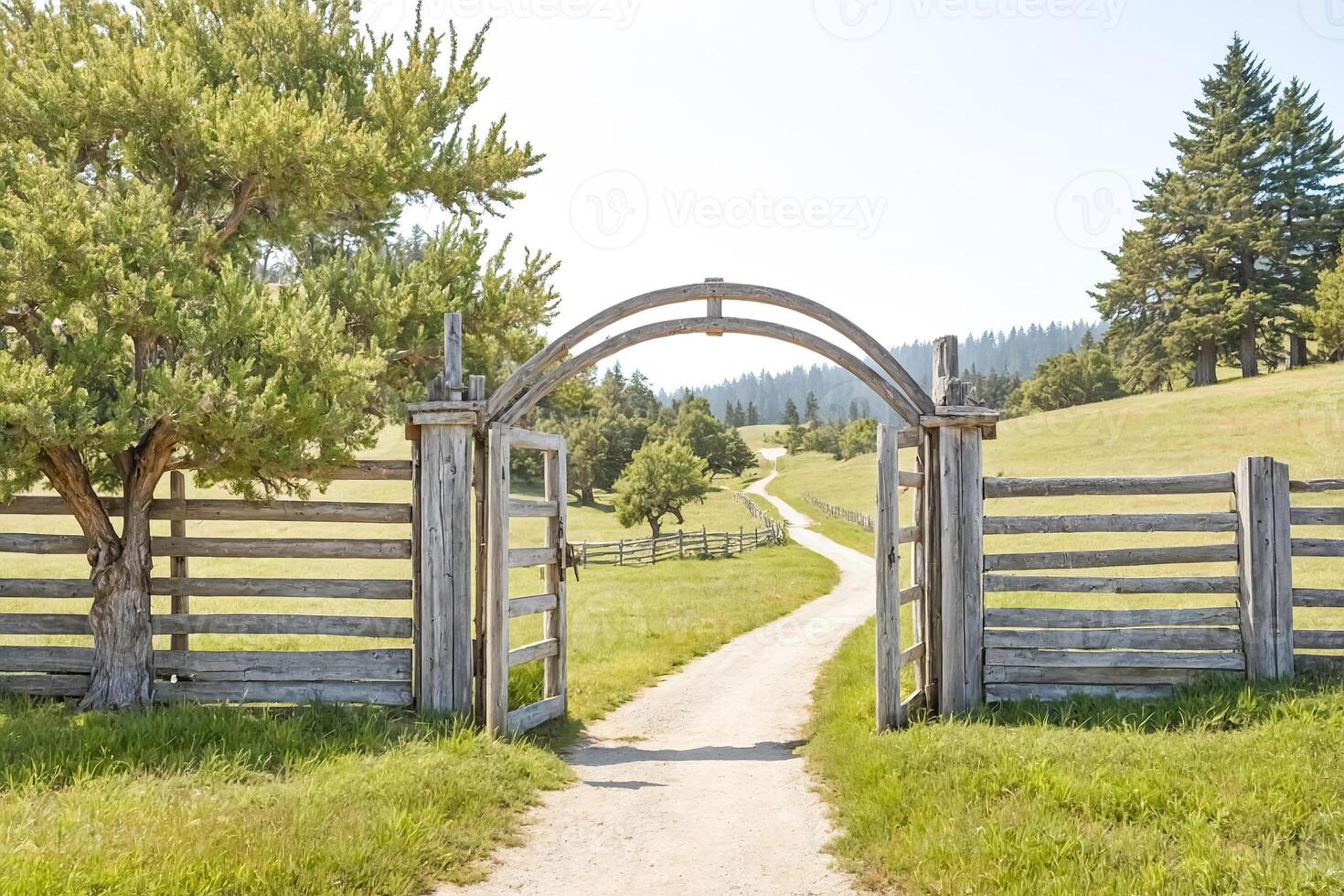 Rustic wooden gate opening to a dirt road in a green meadow photo