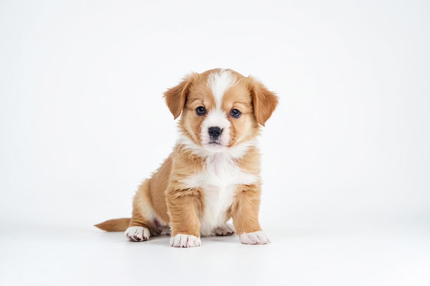 Cute puppy sitting on white background photo