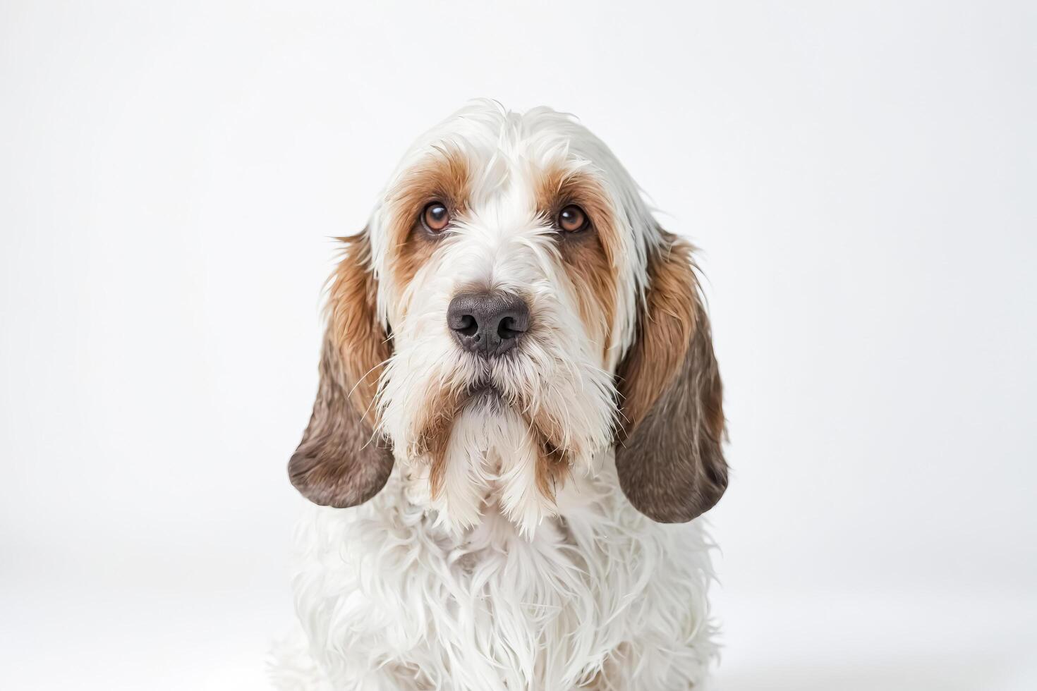 Portrait of a White and Brown Dog with a Curious Expression photo