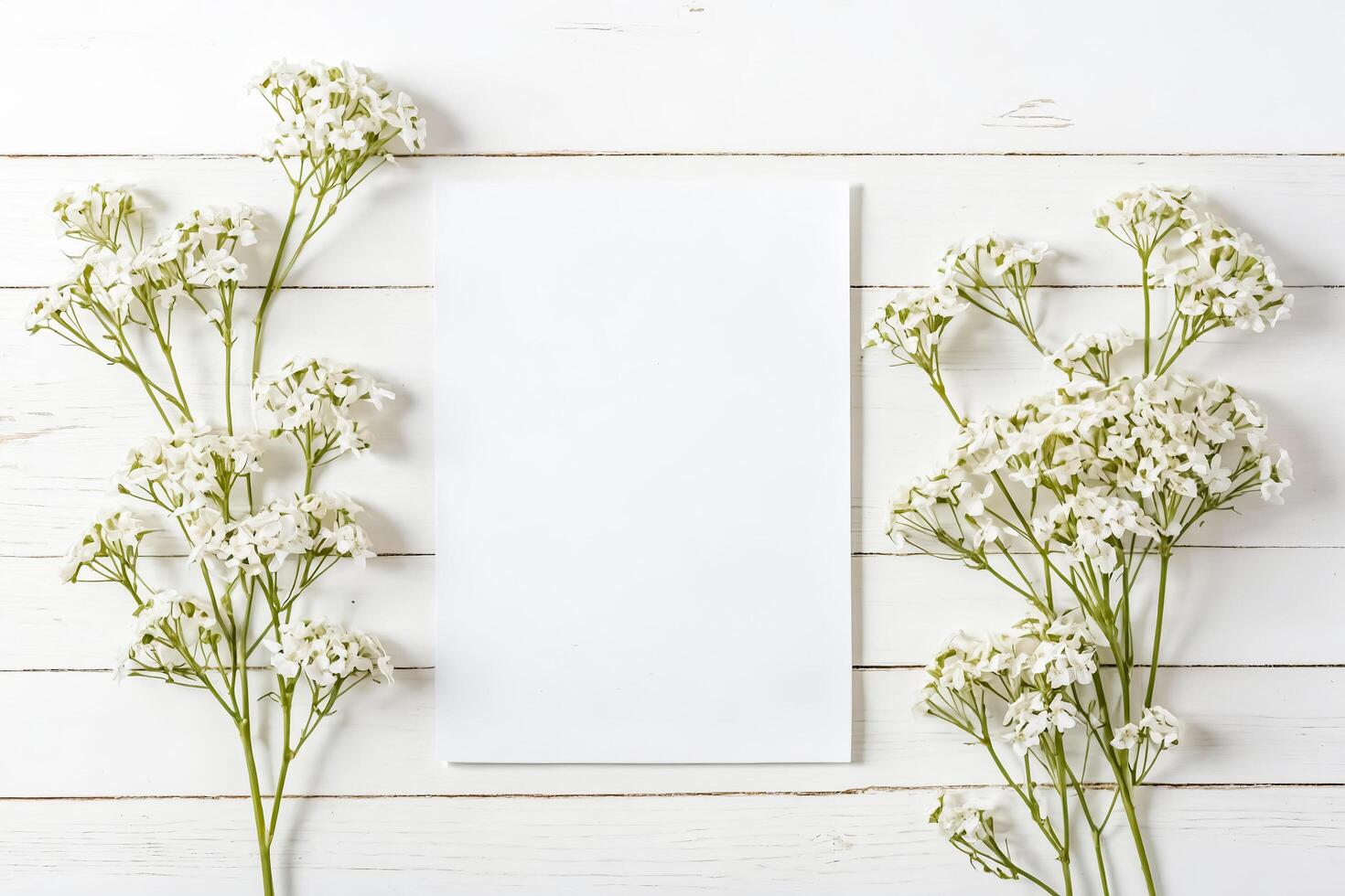 Blank White Card with White Flowers on a White Wooden Background photo
