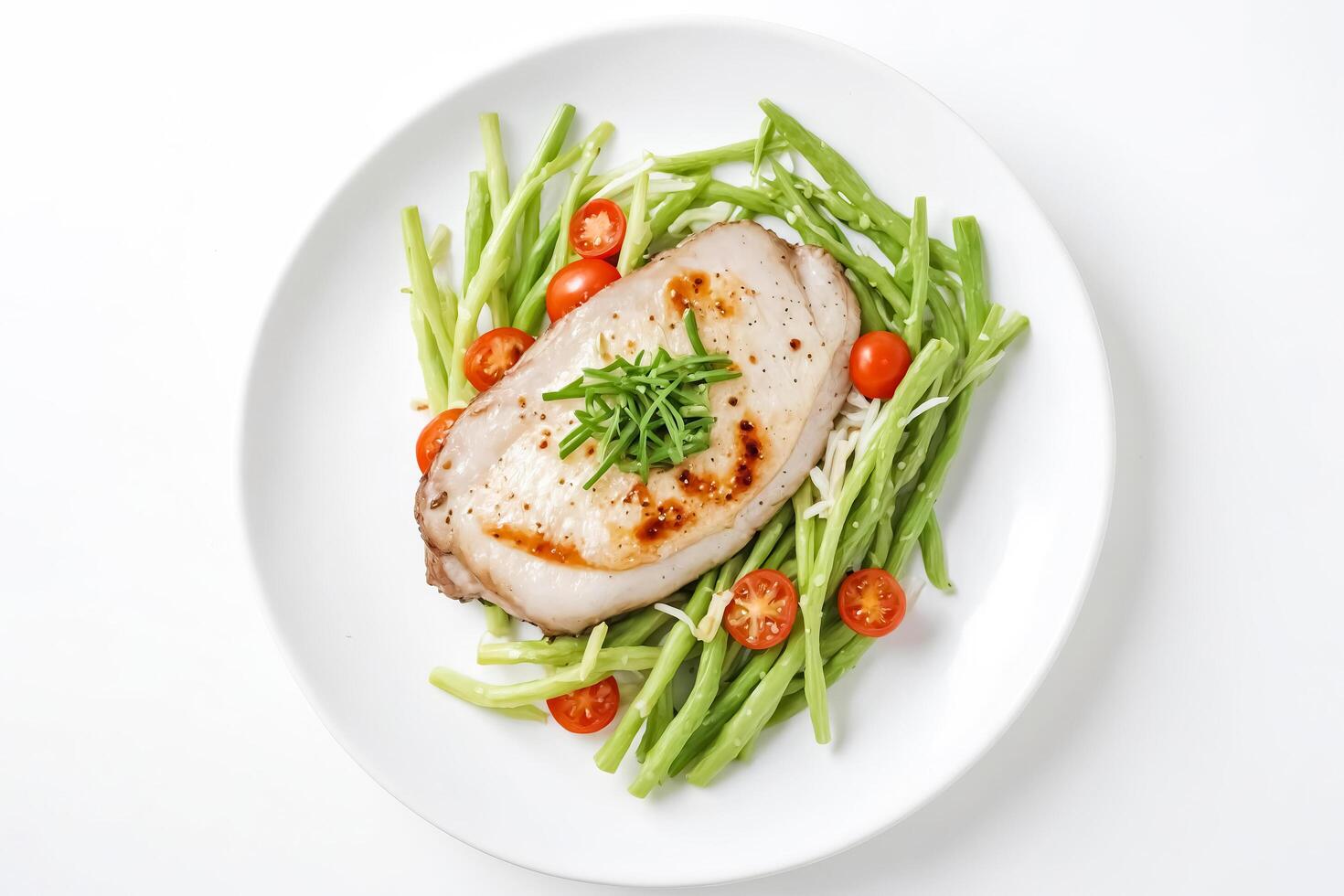 Grilled Pork Chop with Green Beans and Cherry Tomatoes photo
