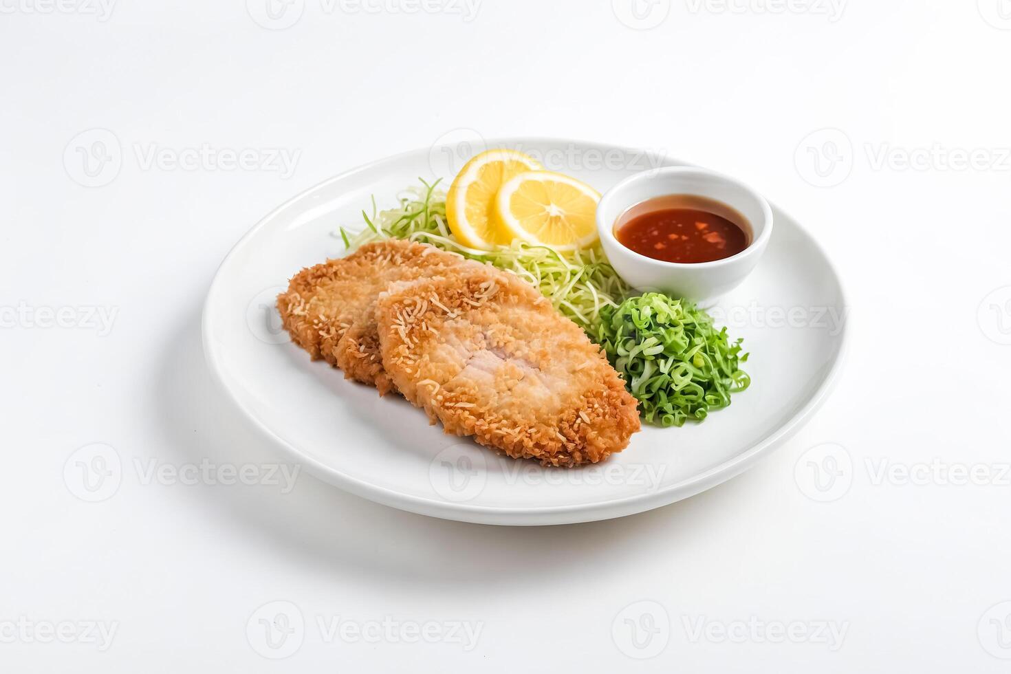 Crispy Fried Chicken Cutlets with Lemon, Green Onion and Sauce photo