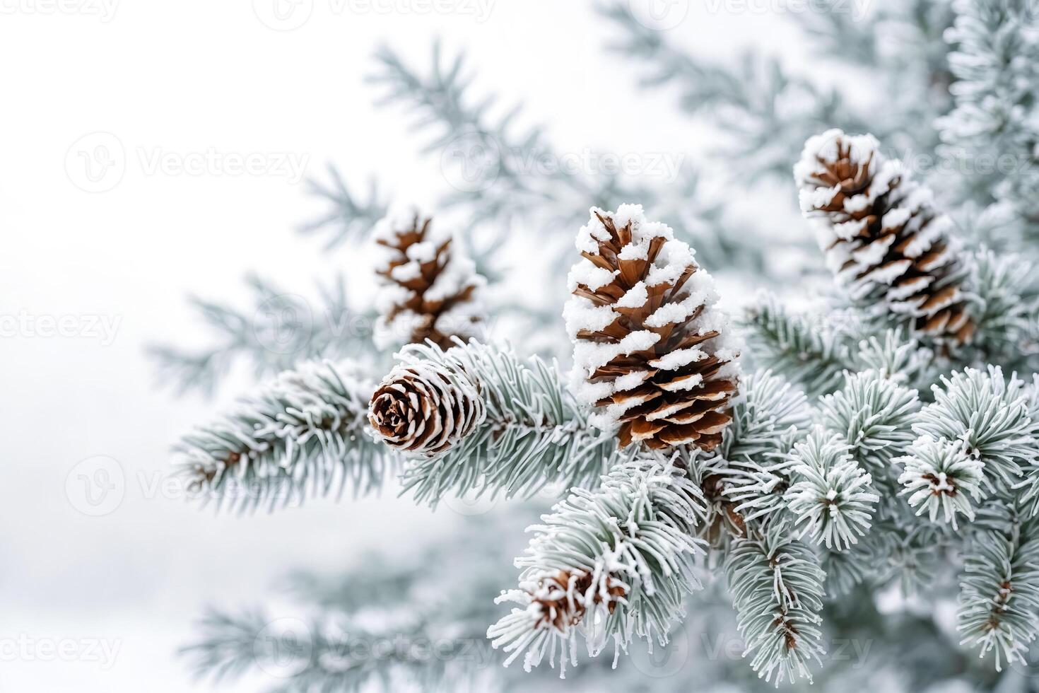 Close-up of a Snowy Pine Cone on a Frosty Branch photo
